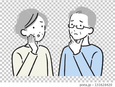悩むシニア夫婦のイラスト／心配する高齢男女・困惑する表情・シンプルなベクター素材 131628420