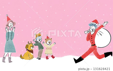 サンタクロースの衣装を着た男性と喜ぶ家族たちのクリスマスイメージイラスト サンタクロースの衣装を着た男性と喜ぶ家族たちのクリスマスイメージイラスト 131628421