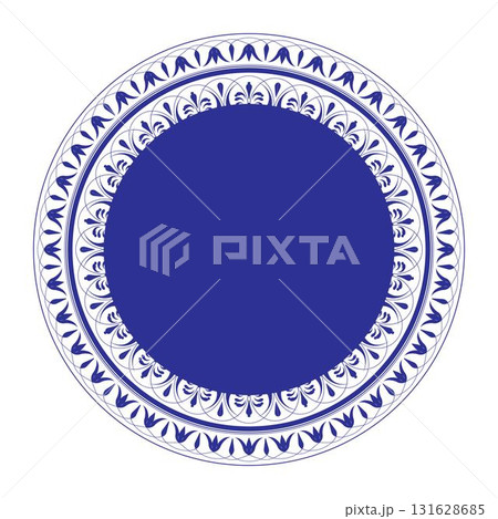 Round decorative frame with arabesques in blue and white colors. Decorative plate with floral ornament. Round decorative frame with ethnic ornament for laser cutting, embroidery, engraving, stenciling 131628685