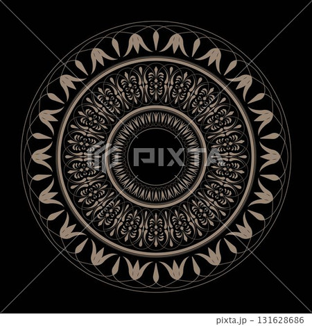 Decorative gold round frame for design with floral ornament. Egyptian, Assyrian, Arabic, Indian, Greek, ottoman motif circular frame. Ethnic decorative element. For textiles, engraving, forging 131628686