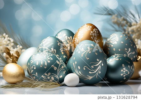 Colorful Easter Eggs and White Flowers on Light Blue Wooden Background, Copy Space 131628794
