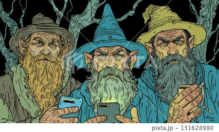 Enchanted forest  fairy gnomes using smartphones in vibrant meadow surrounded by colorful flowers Enchanted forest  fairy gnomes using smartphones in vibrant meadow surrounded by colorful flowers 131628980