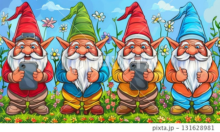 Enchanted fairy gnomes using smartphones in magical forest meadow among vibrant flowers Enchanted fairy gnomes using smartphones in magical forest meadow among vibrant flowers 131628981
