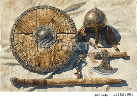 Viking battle gear watercolor illustration  wooden shield, axe, sword, helmet on white background Viking battle gear watercolor illustration  wooden shield, axe, sword, helmet on white background 131628998