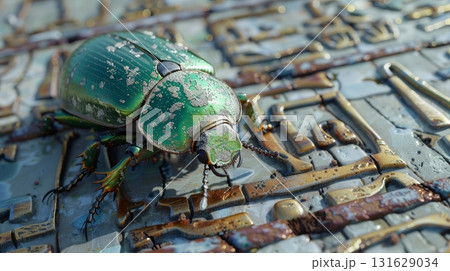 Metallic Green Beetle with Speckled Exoskeleton Crawls on a Textured Surface Adorned With Letters 131629034