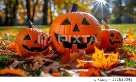 Three Halloween Pumpkins on Autumn Leaves, Jack O Lanterns In The Fall Forest With Sunshine. Three Halloween Pumpkins on Autumn Leaves, Jack O Lanterns In The Fall Forest With Sunshine. 131629042