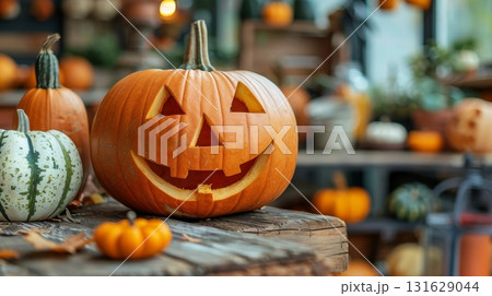Smiling Jack OLantern on a Rustic Table with Blurry Autumn Background, Halloween Celebration 131629044
