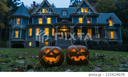 Enchanting halloween pumpkins on lawn at dusk with an old house and glowing windows in backdrop 131629076