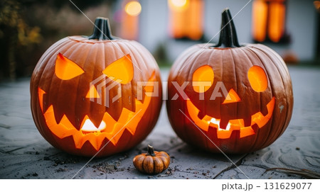 Eerie pumpkins on lawn at dusk with illuminated windows of an old house in halloween setting Eerie pumpkins on lawn at dusk with illuminated windows of an old house in halloween setting 131629077