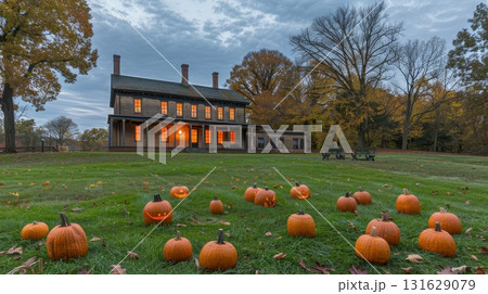 Enchanting halloween pumpkins on lawn at dusk with an old house and glowing windows in background 131629079
