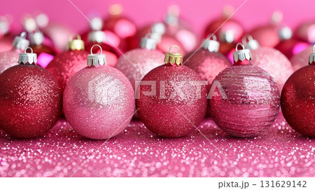 Sparkling Pink Christmas Ornaments Festive Celebration Theme on Shimmering Background. 131629142