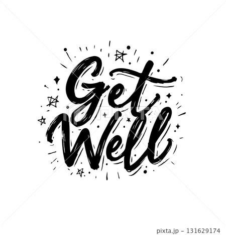 Expressive 'Get Well' Handwritten Typography Design with Stars and Sparkles Elements 131629174