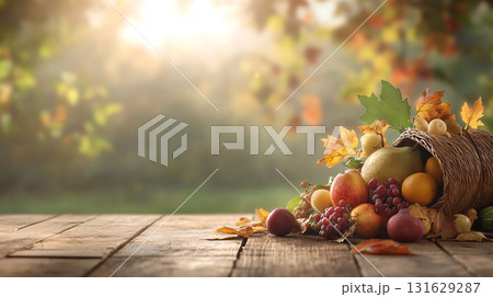 Beautiful autumn nature concept. Harvest festival. Fall fruit and vegetables on wood. sunlight background. AI Generated. 131629287