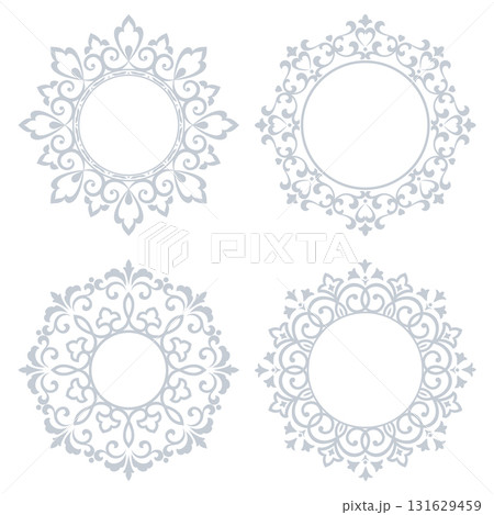 Set of decorative frames Elegant vector element for design in Eastern style, place for text. Floral gray and white borders. Lace illustration for invitations and greeting cards 131629459