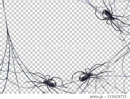 Spiders on cobweb rectangular frame. Watercolor Hand drawn realistic Halloween clipart spider and spider net template. illustration isolated from background. Perfect for scary card, biology design. 131629735