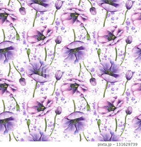 Anemone flower with green and pink buds floral seamless pattern on purple watercolor spotted splashes white background. Hand drawn summer fabric, packaging, wallpaper design. Isolated illustration 131629739