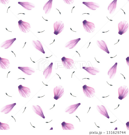 Watercolor purple petals with stamens from anemone flowers seamless pattern. Hand drawn Pink gender realistic windflowers part, floral fabric, wallpaper print on Isolated white background illustration 131629744