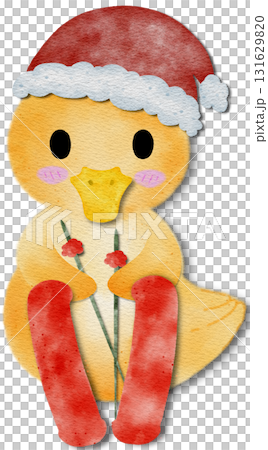 Cute yellow duckling with Christmas decorations and roller skates. Christmas illustration of a yellow duck with scarf and deer's ear. 131629820