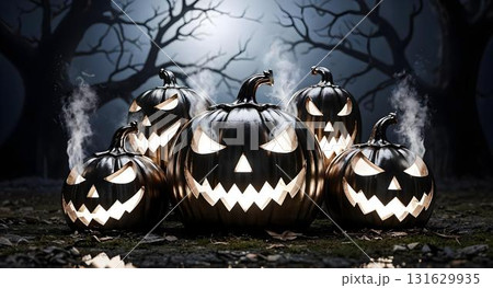 Spooky Halloween pumpkins surrounded by chilling smoke in a dark forest setting Spooky Halloween pumpkins surrounded by chilling smoke in a dark forest setting 131629935
