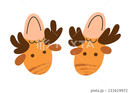 Cute winter slippers with reindeer antlers, flat cartoon vector illustration for Christmas design, cozy holiday accessory, warm seasonal home footwear for decoration, and festive compositions 131629972