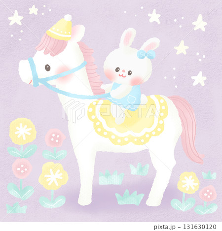 白い馬に乗った うさぎ 夢かわいい パステルカラー 131630120