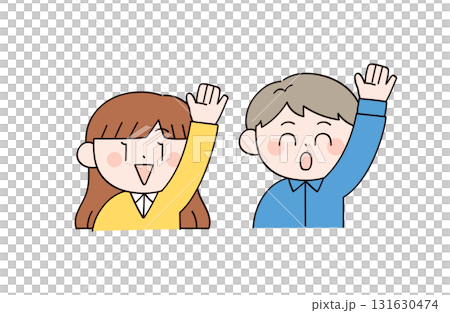 Illustration of two men and women raising their hands 131630474