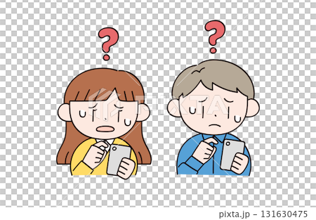 Illustration of two men and women operating smartphones 131630475