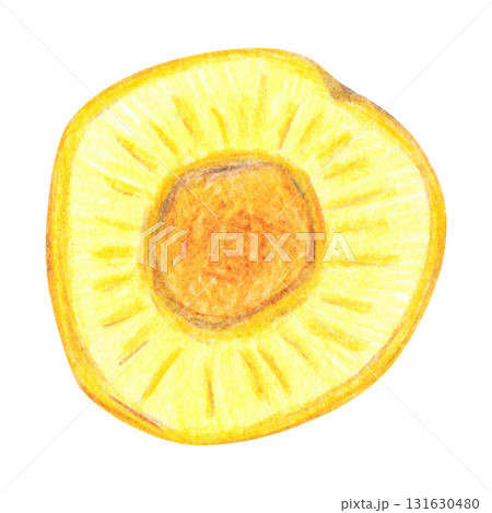 A ripe yellow plum, cut down the middle and pitted. Hand-drawn illustration with colored pencils, cartoonish. Design for stickers, scrapbooking, prints, menus. Fruit, juicy, natural, delicious, half A ripe yellow plum, cut down the middle and pitted. Hand-drawn illustration with colored pencils, cartoonish. Design for stickers, scrapbooking, prints, menus. Fruit, juicy, natural, delicious, half 131630480