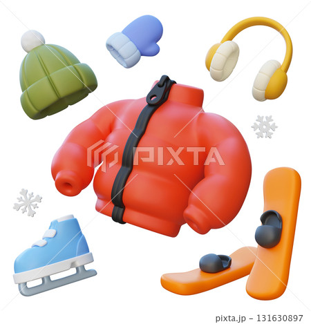 cartoon style winter clothes 3D graphic Winter Gear Collection Puffer Jacket, Snowboard, Skates, Earmuffs, Hat, and Mittens cartoon style winter clothes 3D graphic Winter Gear Collection Puffer Jacket, Snowboard, Skates, Earmuffs, Hat, and Mittens 131630897