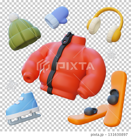 cartoon style winter clothes 3D graphic Winter Gear Collection Puffer Jacket, Snowboard, Skates, Earmuffs, Hat, and Mittens cartoon style winter clothes 3D graphic Winter Gear Collection Puffer Jacket, Snowboard, Skates, Earmuffs, Hat, and Mittens 131630897