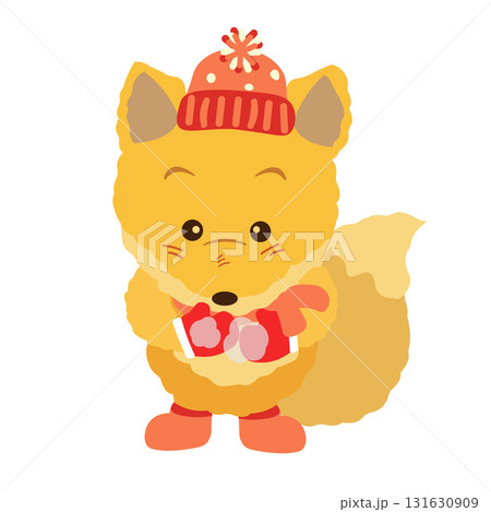 帽子とマフラーと手袋をしたぬいぐるみのキツネのイラスト 131630909