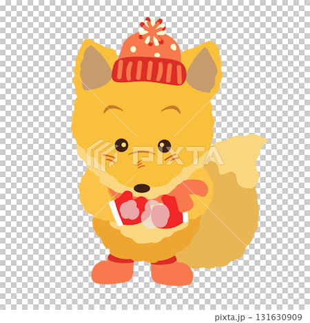 帽子とマフラーと手袋をしたぬいぐるみのキツネのイラスト 131630909