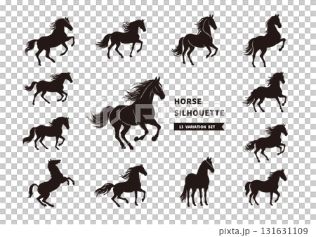 干支の午（うま）シルエットセット　年賀状やデザイン素材に使えるベクターイラスト 131631109