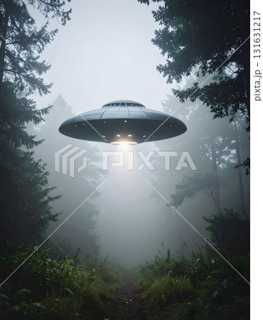 Mysterious UFO hovering above foggy forest with bright light 131631217