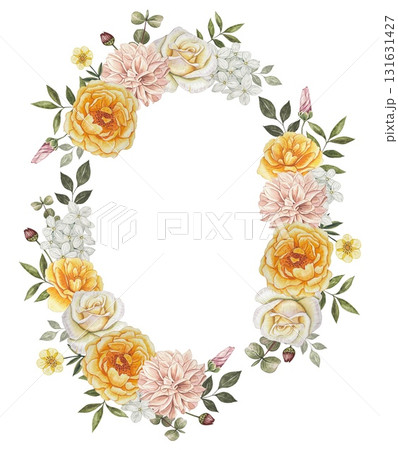 Wreath with autumn flowers. Yellow roses, dahlias, leaves. Hand drawn watercolor illustration. Wreath with autumn flowers. Yellow roses, dahlias, leaves. Hand drawn watercolor illustration. 131631427