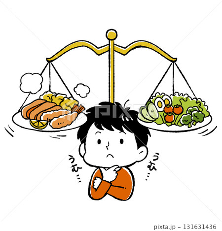 男性が食事のバランスに悩んでいるイラスト 131631436