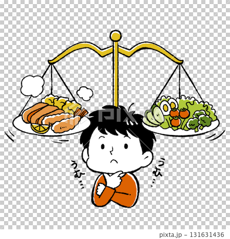 Illustration of a man struggling with dietary balance 131631436