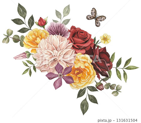 Bouquet with autumn flowers. Red, yellow rose and clementis, dahlia, eucalyptus. Hand drawn watercolor illustration. 131631504