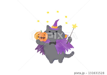 ハロウィン・仮装してかぼちゃを持つかわいい猫の水彩イラスト素材 ハロウィン・仮装してかぼちゃを持つかわいい猫の水彩イラスト素材 131631528