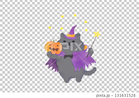 ハロウィン・仮装してかぼちゃを持つかわいい猫の水彩イラスト素材 ハロウィン・仮装してかぼちゃを持つかわいい猫の水彩イラスト素材 131631528