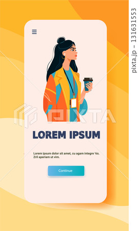 Businesswoman coffee cup modern lifestyle mobile app screen female character stylish outfit abstract yellow background 131631553