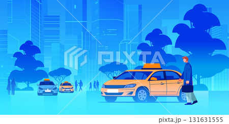 Taxi service urban cityscape man hailing cab modern yellow cars people trees skyscrapers blue background website banner Taxi service urban cityscape man hailing cab modern yellow cars people trees skyscrapers blue background website banner 131631555