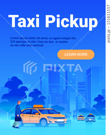 Taxi pickup city transportation service businessperson entering yellow cab urban skyline modern web banner 131631557