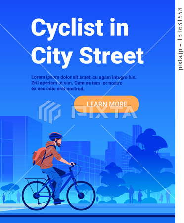 Cyclist riding bicycle modern city street urban landscape buildings trees people blue gradient background website banner 131631558