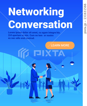 Networking conversation business professionals handshake corporate meeting office interior people collaboration plants blue modern background 131631566