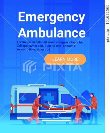 Emergency ambulance paramedics patient stretcher hospital transport medical team blue background modern flat website banner 131631569