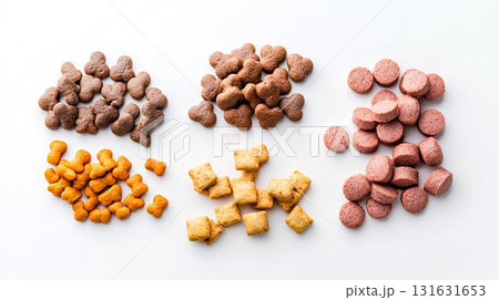 健康志向の犬用ごはんとおやつを整然と並べた食卓風景 131631653