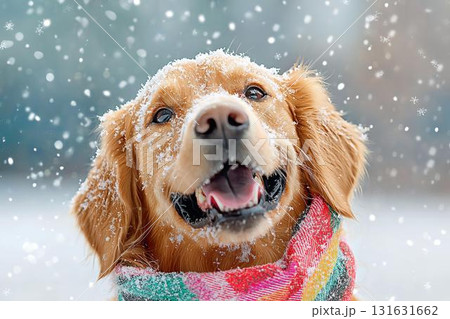 カラフルなマフラーで冬を楽しむゴールデンレトリバー カラフルなマフラーで冬を楽しむゴールデンレトリバー 131631662