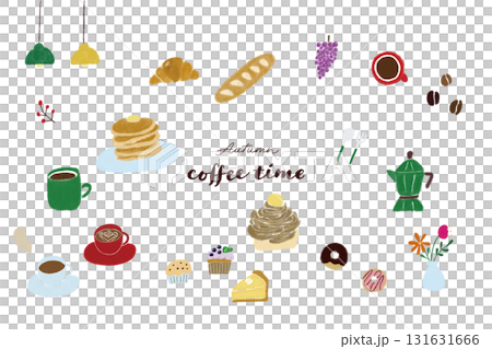 Autumn cafe illustration set: Hand-drawn coffee, pancakes, donuts, Mont Blanc illustrations 131631666