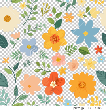 A spring-like seamless pattern with brightly colored flowers and leaves. 131631860